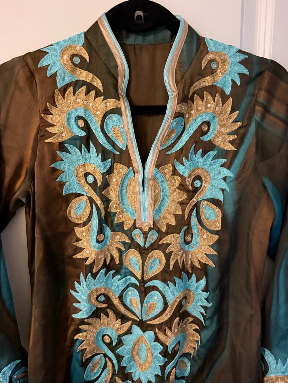 Beautiful Embroidered tunic Shirt in Brown with Turquoise & Gold